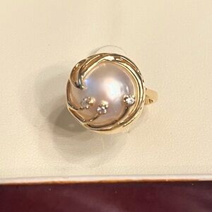 14K Gold Pearl Ring and Diamonds with Intricate Setting